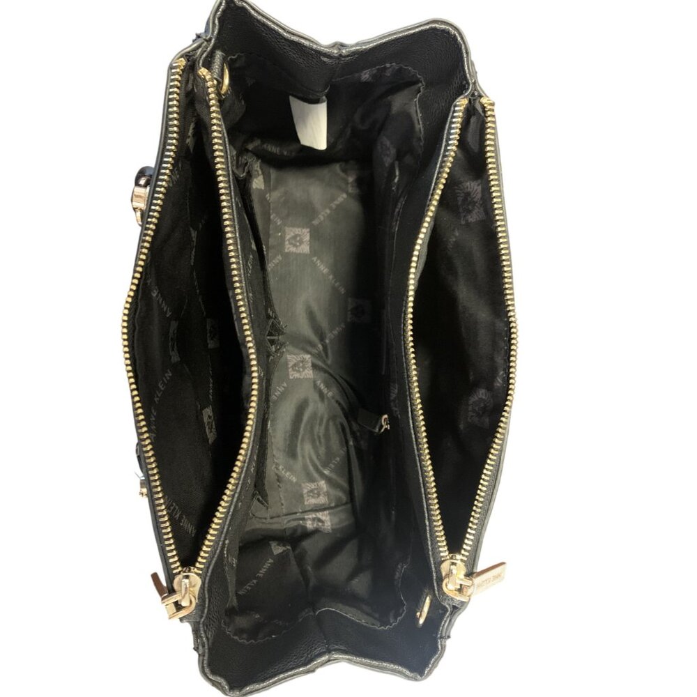 Anne Klein Black & Tan Leather Woven Straw Handbag with Gold Accents - Picture 5 of 8